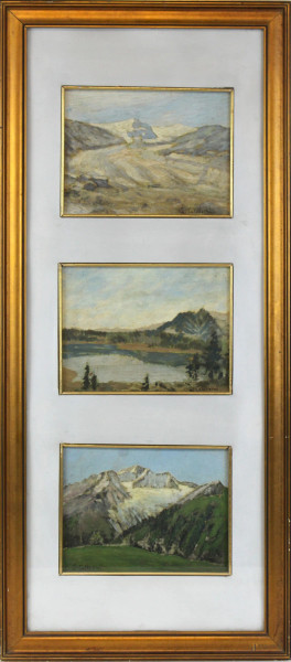 Lotto di tre paesaggi montani, olio su masonite, cm 15x20, firmati, entro un'unica cornice, (ingombro totale cm 71x31)