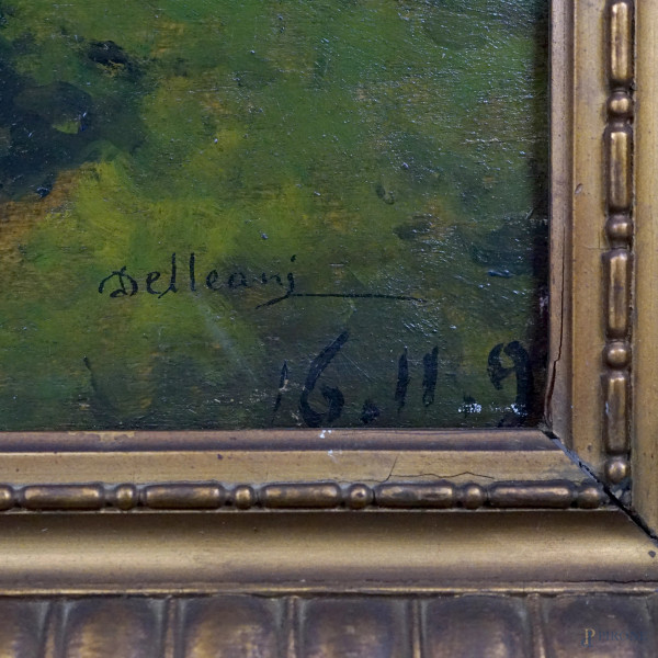 Viale con carro, olio su tavola, cm 31,4x45, firmato e datato, entro cornici.