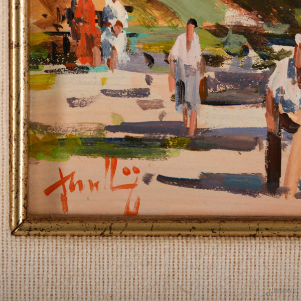 Un pomeriggio assolato al parco, acrilico su tavoletta, XX secolo, cm 11x29 entro cornice, firmat...