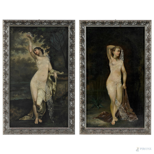 Lotto di due dipinti raffiguranti nudi di donna, XX secolo, olio su tela, cm 51,5x30,5, entro cornice