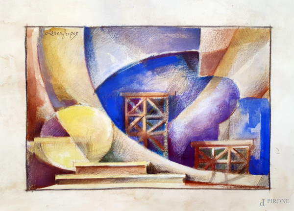 Arte russa, Composizione cubo futurista del Maestro Aalim Petrov (XX sec.), raffigurante veduta di interno futurista, tecnica mista su cartoncino, cm 21x28 firmato in caratteri cirillici