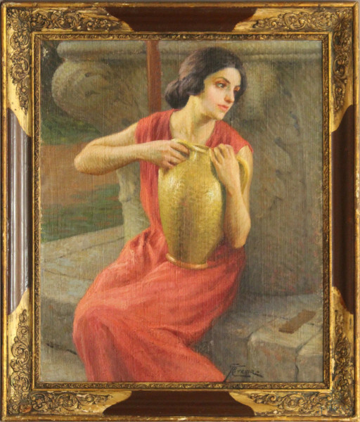 Giovan Battista Crema - Ritratto di fanciulla con anfora, olio su tela applicata su cartone 44x52, entro cornice.