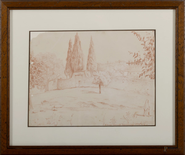Albano, Convento dei Cappuccini, sanguigna su carta, cm 33x40 compreso passepartout, firmato "Ugo Ventura" in basso a destra, entro cornice, (difetti)