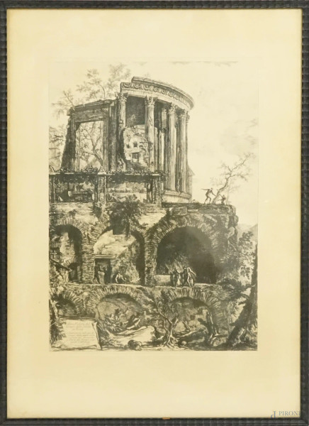 Altra veduta del Tempio della Sibilla in Tivoli, multiplo su carta, cm 70,5x49,5, riproduzione da Piranesi, XX secolo, entro cornice