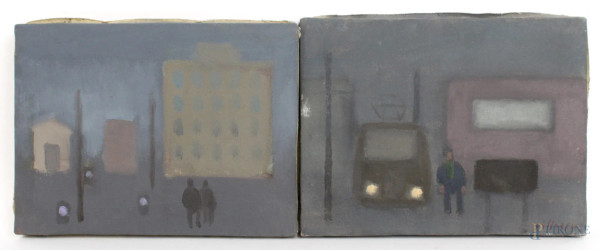 Franco Villoresi - Due paesaggi urbani, olio su tela, cm. 18x24