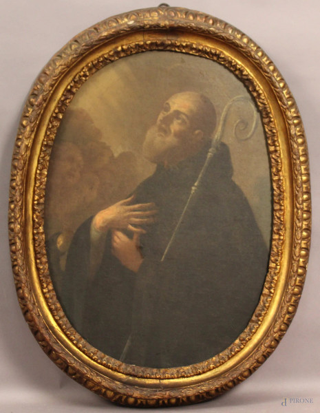 Pittore del XVII sec, San Benedetto, olio su tela ad assetto ovale cm. 75,5x57,5, entro cornice coeva.
