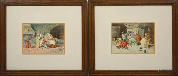 Scene di interno, due acquarelli su carta, cm 18,5x26,5 circa, XIX-XX secolo, entro cornici.