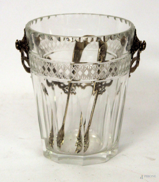 Secchiello da ghiaccio in vetro con particolari in argento, h. cm 14.