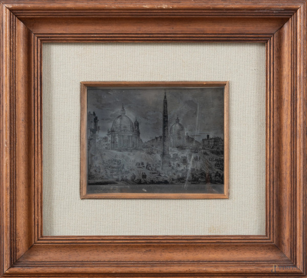 Piazza del popolo, incisione su lastra d'argento, XX secolo, cm 12x15, entro cornice