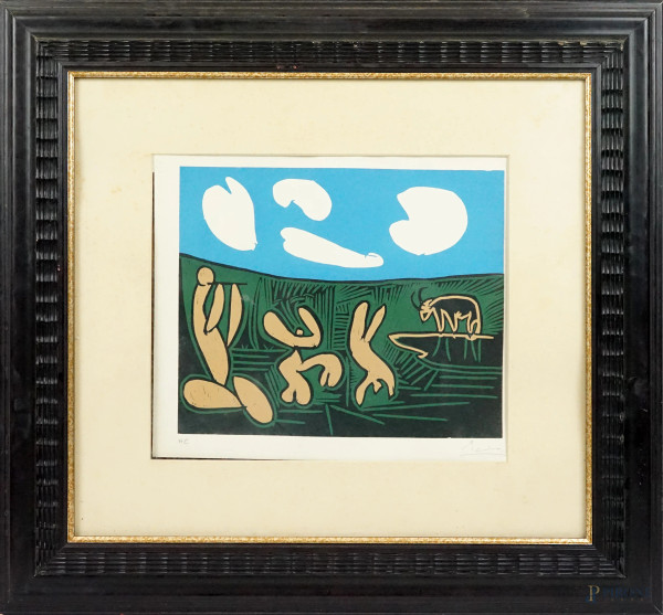 Pablo Picasso - Baccanale con quattro nuvole, incisione su linoleum,  cm 30,5x35,5 circa, entro cornice, (macchie)