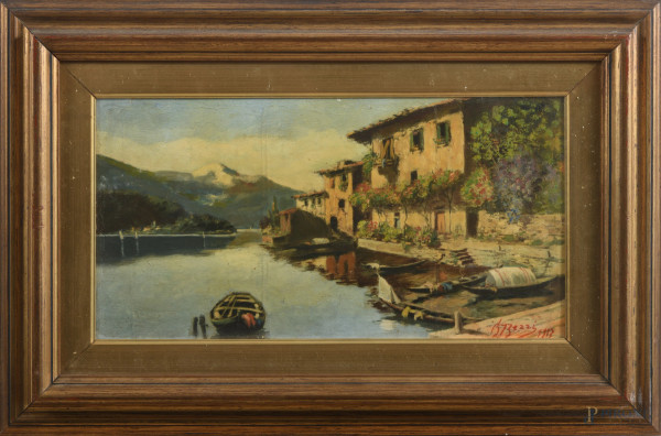 Scorcio montano con casa e barche, XX secolo, olio su compensato, cm 21x39, firmato e datato in basso a destra, entro cornice, (segni di usura, abrasioni, difetti)