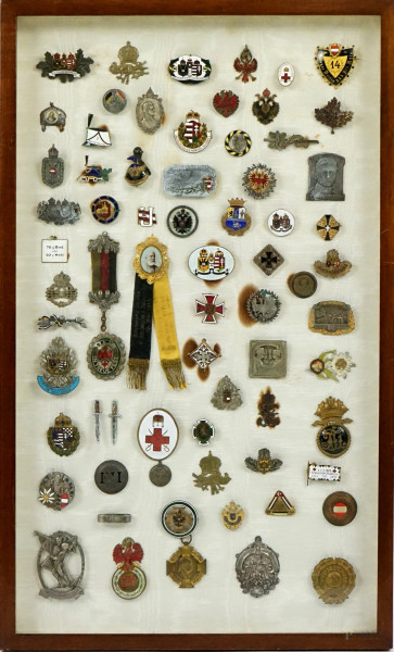 Bacheca contenente varie medaglie di epoche e paesi diversi, ingombro tot cm 58,5x35, (difetti).