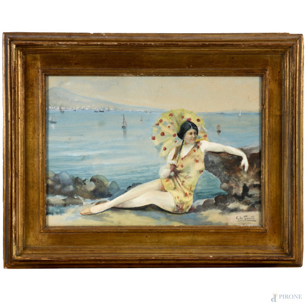 Bagnante, XX secolo acquarello su carta, firmato in basso a destra, cm 34x48,5 entro cornice
