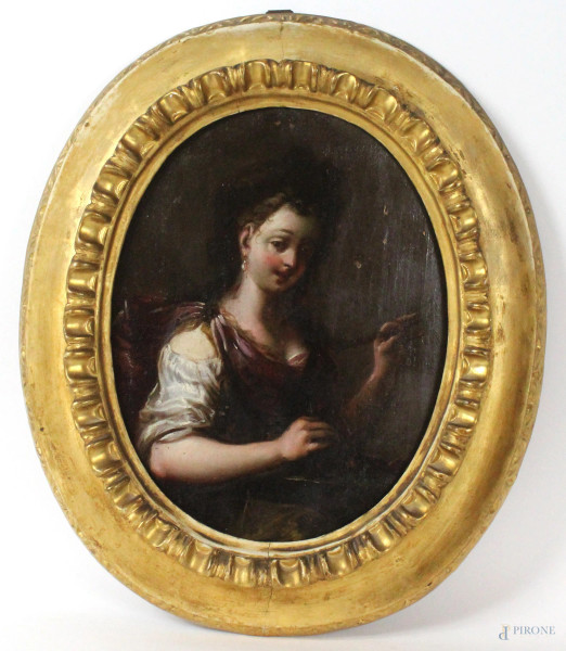 Antonio Amorosi - Ritratto di fanciulla, olio su tavola ad assetto ovale, cm.33x25,5