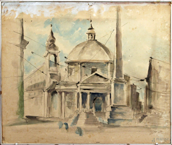 Cesare Laruffa, Piazza del popolo, tecnica mista su carta, cm 99 x 49.