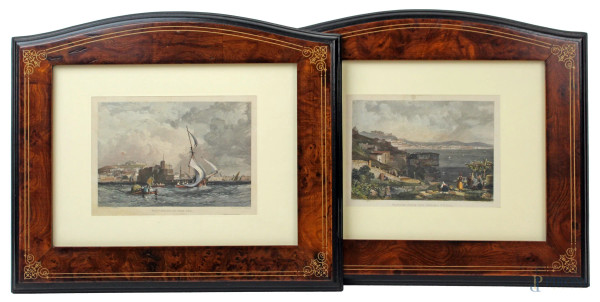 Due stampe inglesi raffiguranti Napoli, cm 11x15, XIX secolo, entro cornici