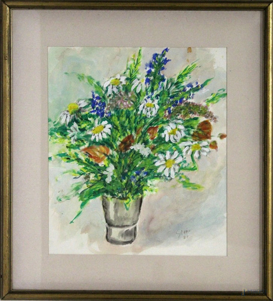 Vaso con fiori, acquarello su carta, 29x35 cm, entro cornice.