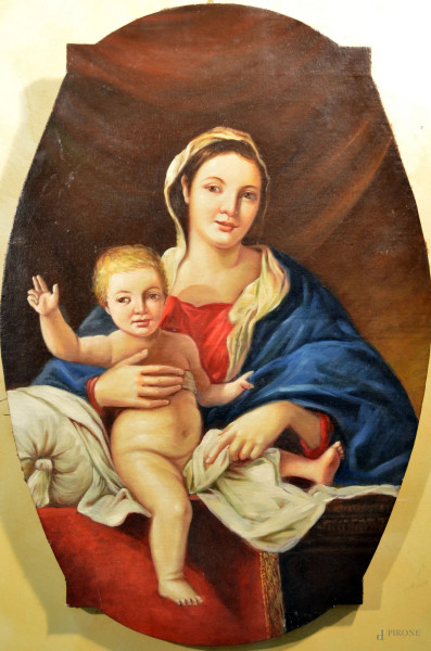 Madonna con Bambino, olio su tela sagomata 101x67 cm.