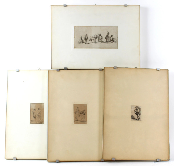 Quattro piccole incisioni raffiguranti personaggi, misure max cm 8,5x17, XIX secolo, entro cornici