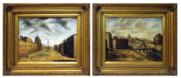Coppia scorci di Roma, raffiguranti Piazza Navona e San Pietro, olio su tela, cm 30x40, XX sec., entro cornice.