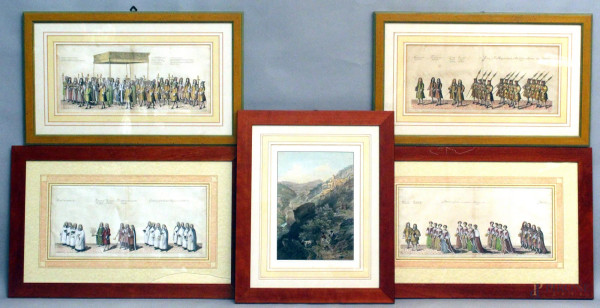 Lotto composto da cinque stampe, raffiguranti soggetti diversi, misure 70x42 cm., entro cornice.
