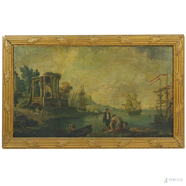 Veduta costiera con capriccio architettonico e figure, olio su tela riportata su cartone, cm 32,55x55,8, fine XIX secolo, entro cornice