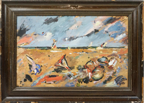 Spiaggia, dipinto double-face, olio su tavola, cm 33,5x53, XX secolo, entro cornice