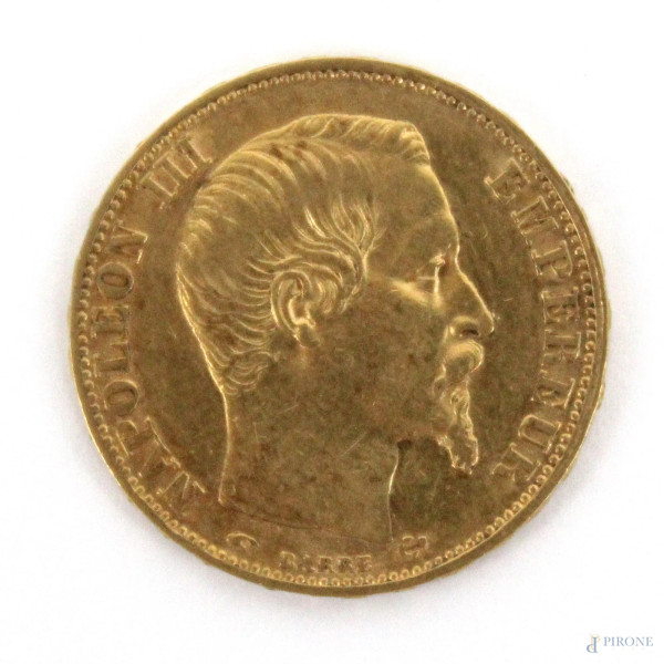 Marengo 20 Franchi in oro, Napoleone III testa nuda.