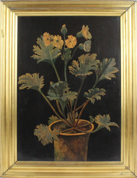 Tarsia lignea dipinta, raffigurante&#160;vaso di fiori, altezza cm. 47x33,5, prima met&#224; XX secolo, entro cornice.