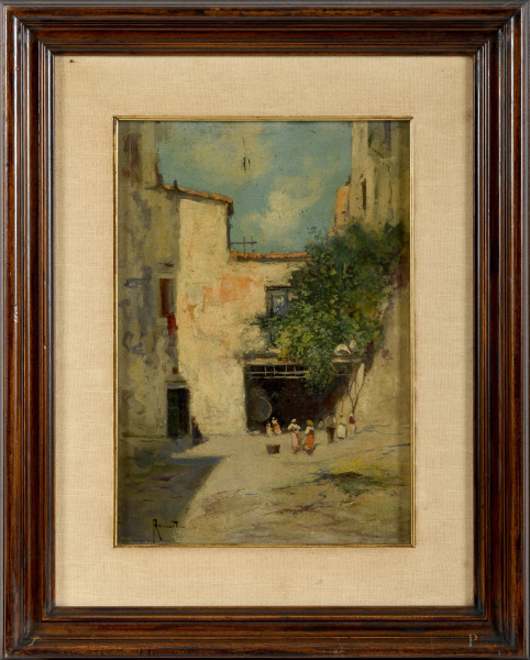 Oscar Ricciardi (1864-1935), Esterno con figure, olio su tela su cartone, cm 47x35 compreso passepartout, firmato in basso a sinistra entro cornice, (lievi ondulazioni della tela)