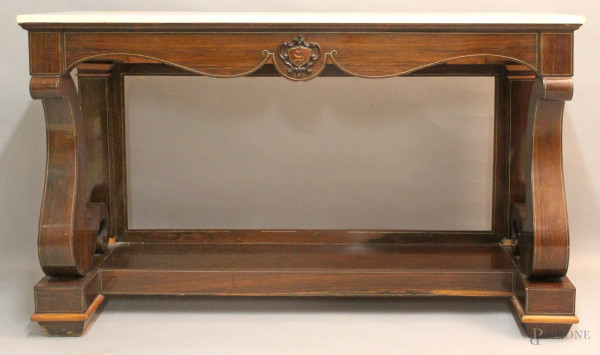 Consolle in mogano con filetti in ottone, piano in marmo, cm 97x160x46, XIX sec.