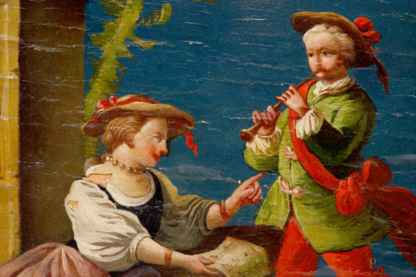 Coppia di dipinti raffiguranti due scene galanti, olio su tavola, cm 52,5x41 circa, entro cornice