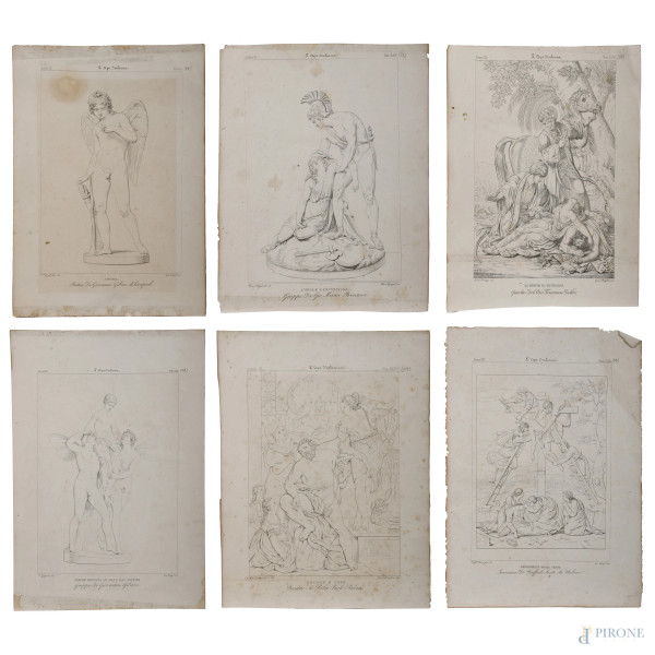 Lotto di sei stampe da "L'Ape Italiana", XIX secolo, cm 39x27, (segni di usura, lacerazioni, foxing, gore, difetti)