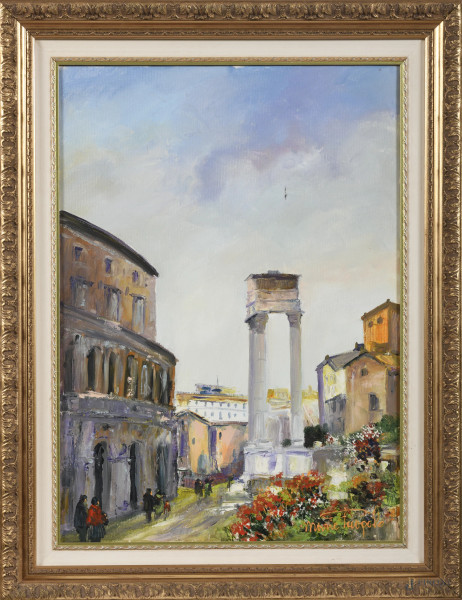 Teatro Marcello, XX secolo, olio su tela, cm 70x50, firmato in basso a destra, entro cornice, (piccola lacerazione della tela)