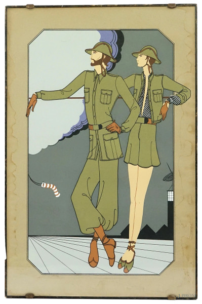 Figurini moda militare coloniale, tempera su carta, cm 49x32, timbro Vidalon Les Annonay a secco, entro cornice, (macchie).