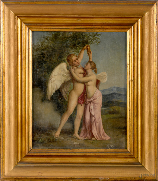 Amore e Psiche, XX secolo, olio su tela, cm 44x35,5, entro cornice, (difetti)