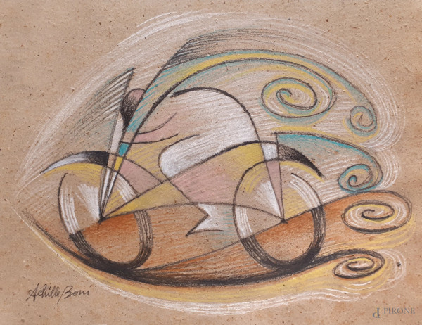 Achille Boni (XX sec.) Velociclo futurista, tecnica mista su cartone, cm 26x34, firmato, con cornice