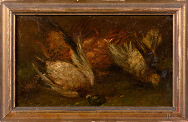 Natura morta con cacciagione, XX secolo, olio su cartone, cm 28x48, entro cornice, (segni di usura, abrasioni, supporto lievemente imbarcato)