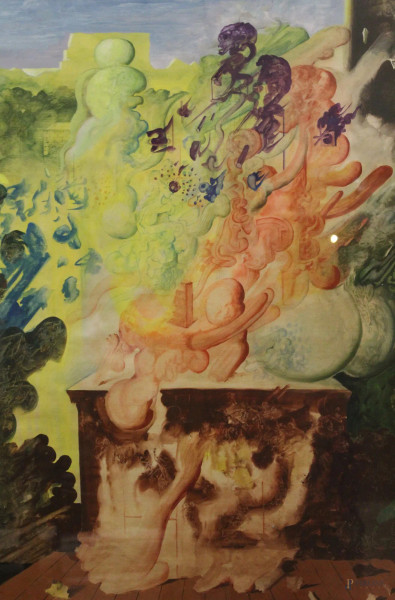 Paesaggio surrealista, tecnica mista su carta, 77x57 cm, entro cornice.