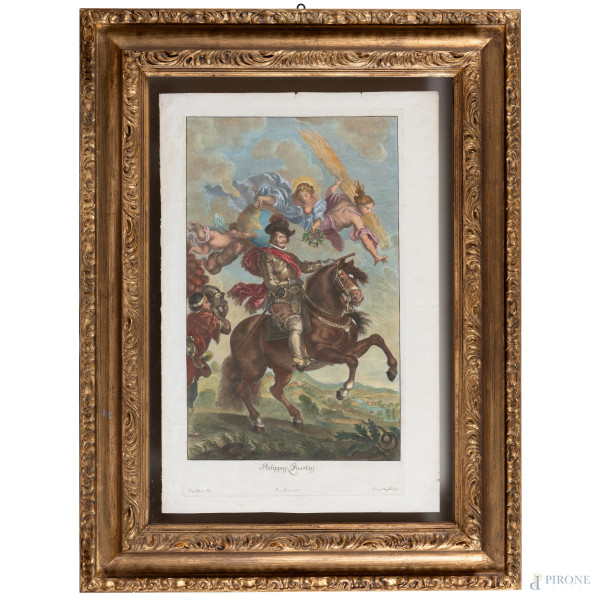 Incisione acquerellata raffigurante Filippo IV (da Velazquez), XVIII-XIX secolo, cm 71x47, entro cornice, (segni di piegatura, ondulazioni, foxing, piccole lacerazioni)