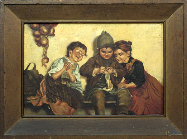 Interno con ragazzi che filano, olio su tela, cm. 40x60, inizi XX secolo, entro cornice,