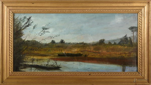 Paesaggio lacustre, olio su tela incollata su cartoncino, cm 30x63, entro cornice