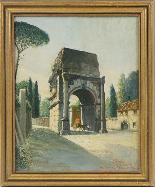 Arco di Druso sulla Via Appia, olio su tela, cm 47x37, firmato, entro cornice.