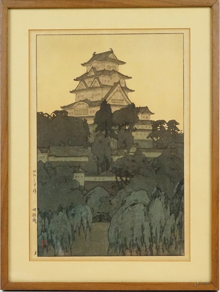 Hiroshi  Yoshida - Castello di Himeji, xilografia a colori, cm 36,5x25,5, Giappone, entro cornice.
