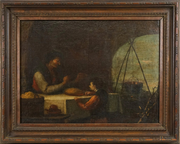 Pittore del XVIII secolo, Mangiatori di polenta, olio su tela, cm 35x46,5, entro cornice