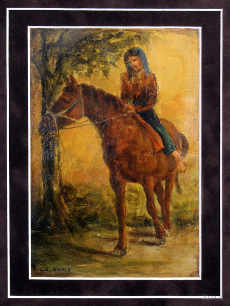 Ragazza a cavallo, olio su cartone, cm. 24x18, firmato.