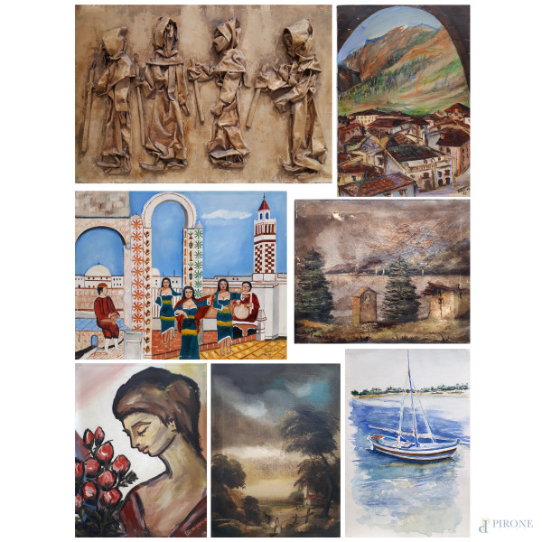 Lotto composto da sette dipinti ad olio di varie epoche e dimensioni, dimensione minima cm 30x40, dimensione massima cm 60x40