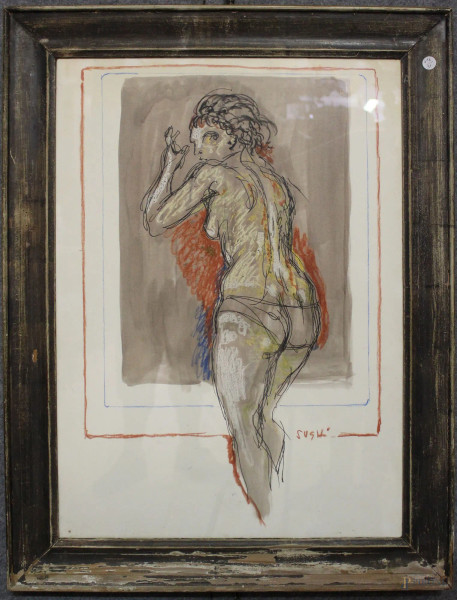 Nudo di donna, tecnica mista su carta 49x69 cm, entro cornice firmato Sughi.