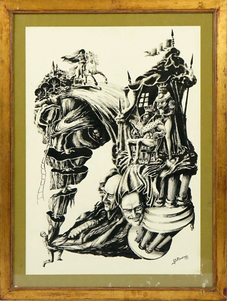 Artista surrealista del XX secolo, Senza titolo, tecnica mista su carta, cm 70x50 circa, firmato, entro cornice.