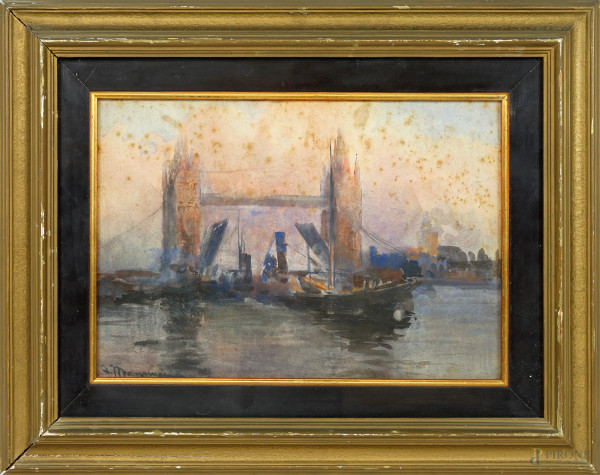 London Bridge, acquerello su carta, firmato in basso a sinistra, cm 24,5x34,7, entro cornice, (difetti)